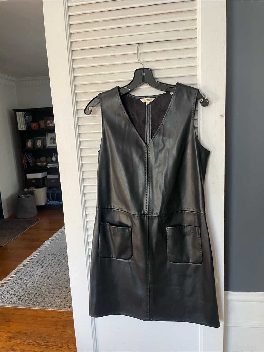 Brand New Max Studio Black Faux Leather V‑Neck Shift Dress